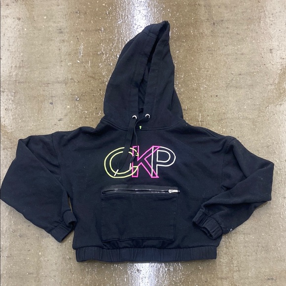 Calvin Klein performance sz XS womans black crop top front pouch Black Hoodie - Picture 1 of 5